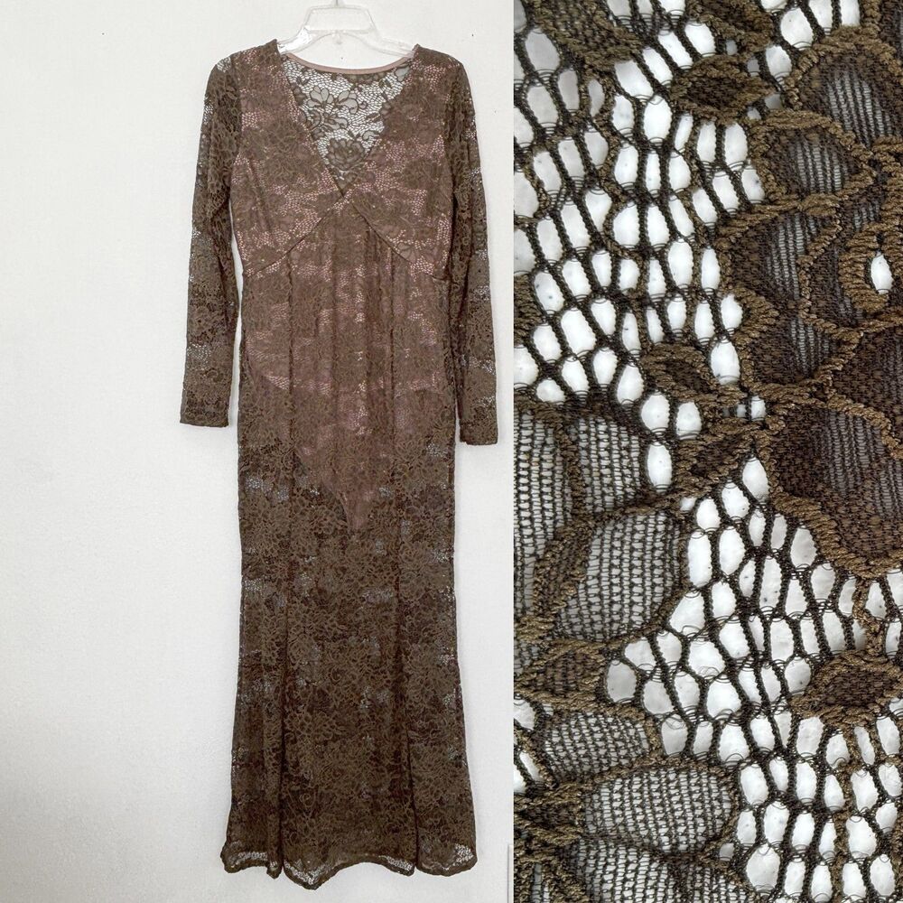 Womens Forest Fairy Grunge Lace Babydoll Maxi Dress Medium Boho Romantic